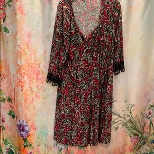 Red and Black Dress with floral design and Lace Trim